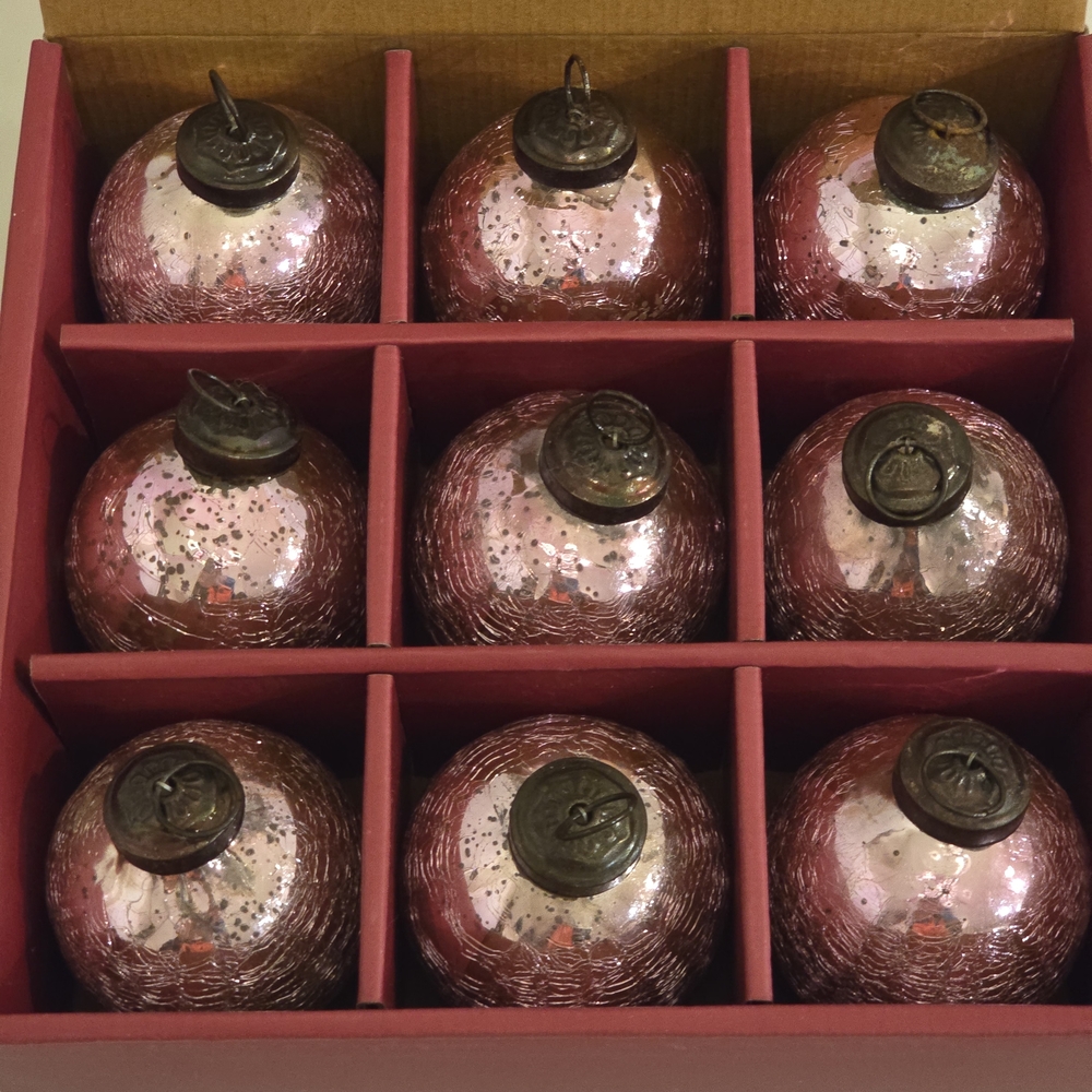 NWT 9 Pink Crackled Mercury Glass 3 Inch Holiday Ornaments w/ Antique Bronze Cap - Picture 5 of 5